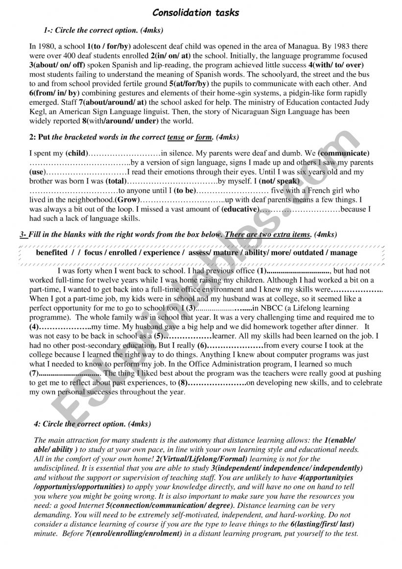 Consolidation tasks  worksheet