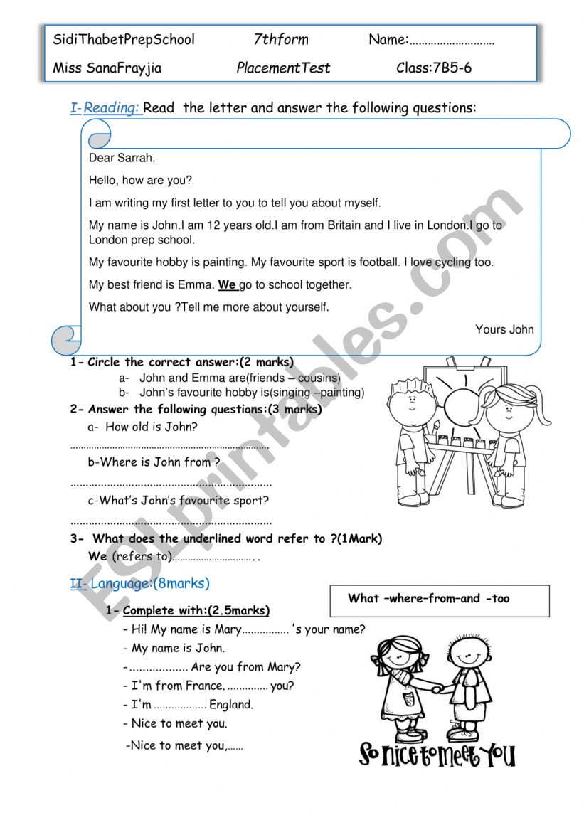 7th form test worksheet