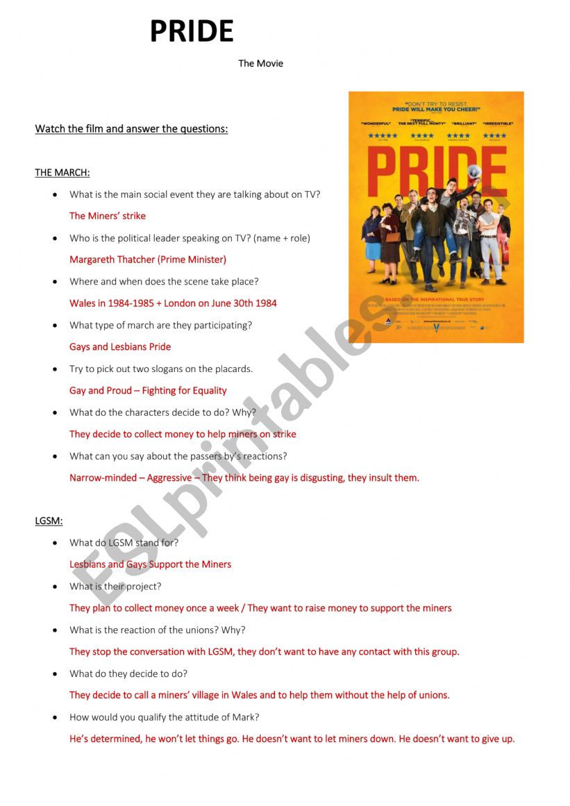 Pride While watching activity worksheet