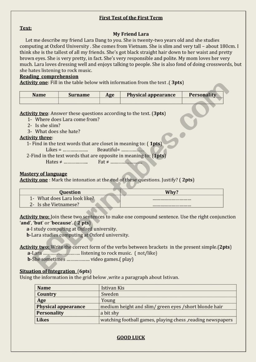 1st test worksheet