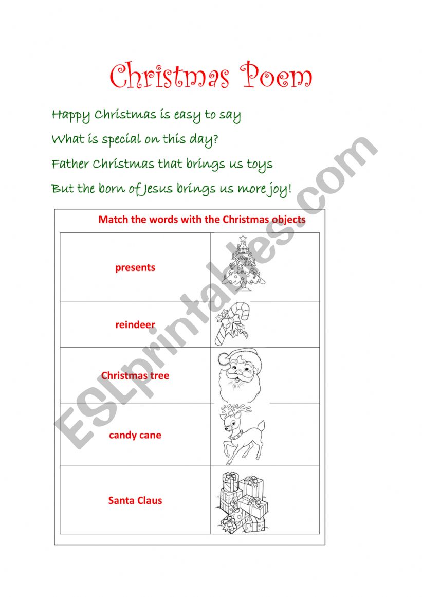 Christmas Poem and matching exercise