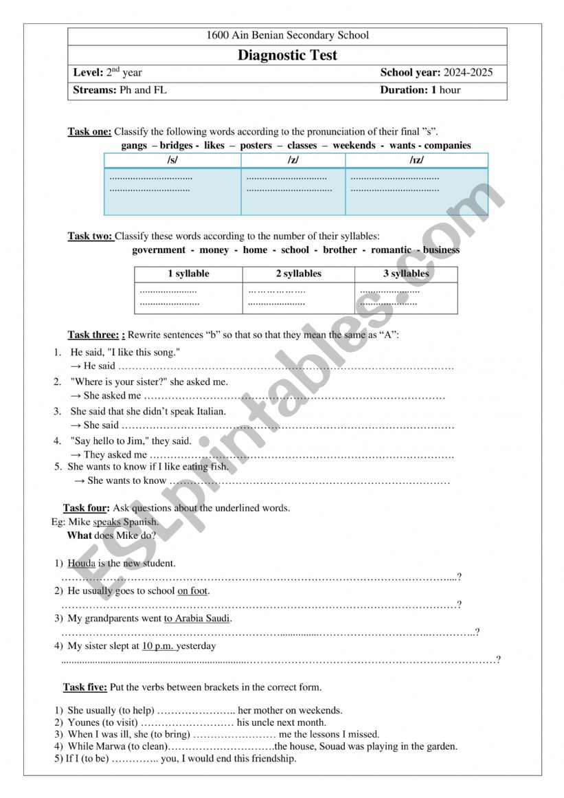 diagnostic test worksheet