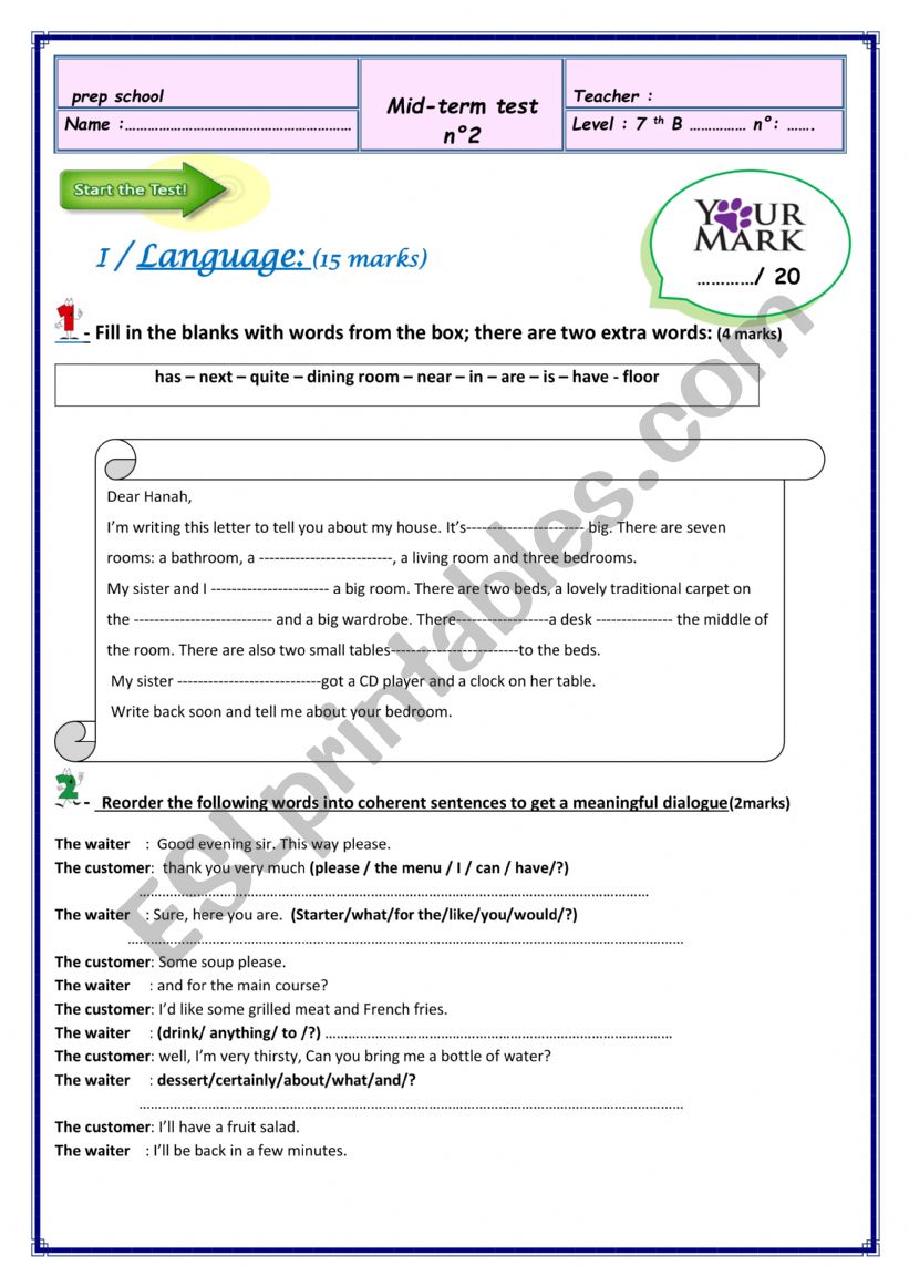 Mock test 2 7th form worksheet