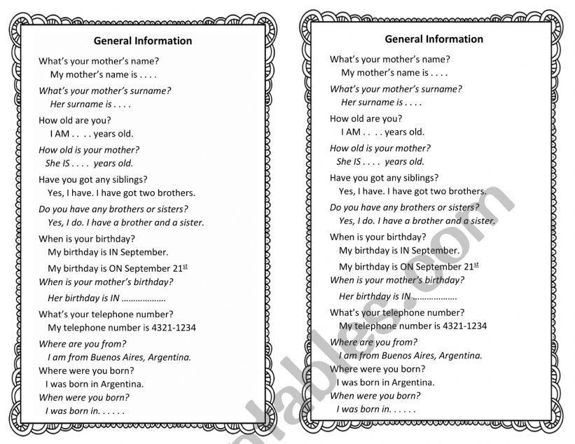 Trinity GESE 3 Oral Questions Practice Card 2 General Information