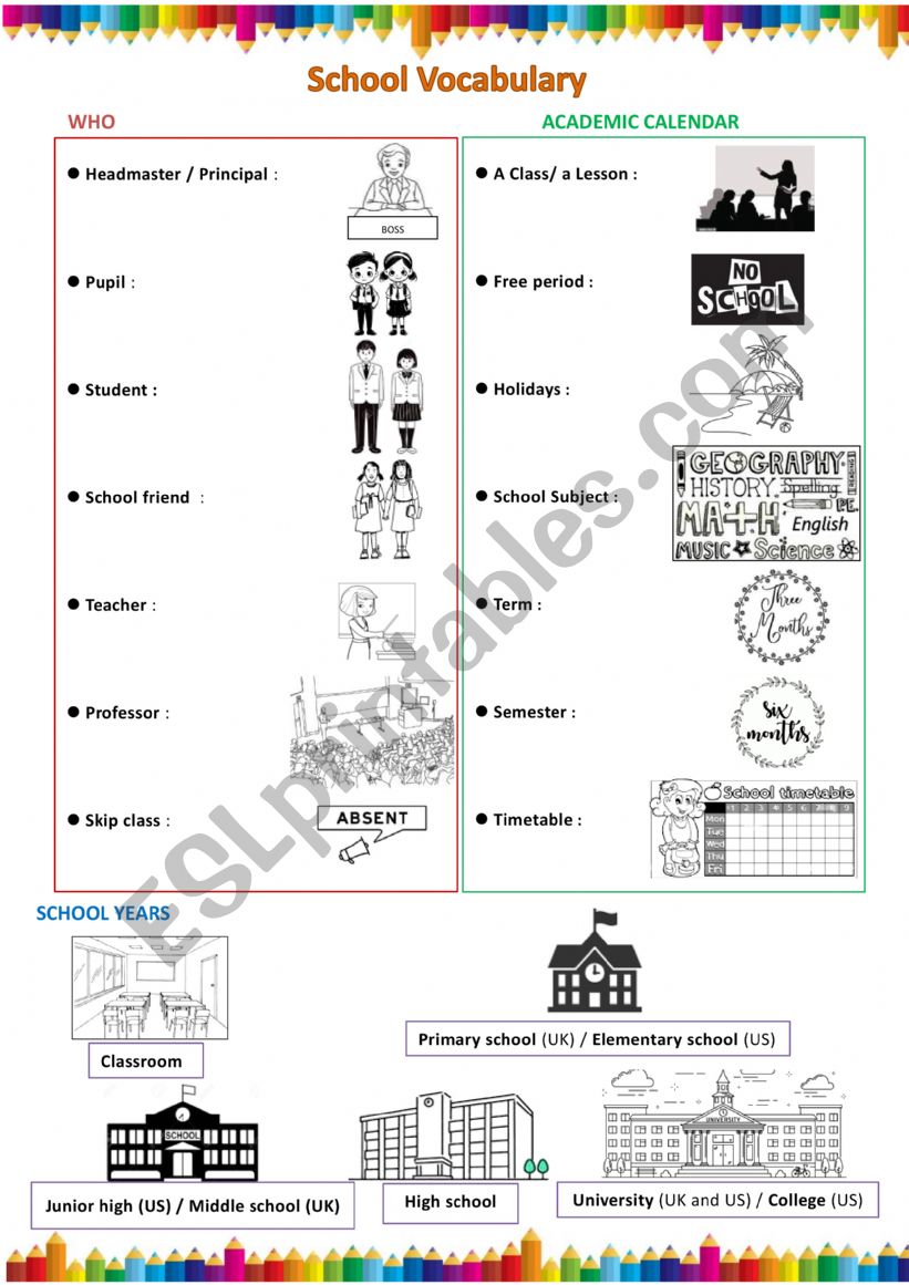 school vocabulary - Pictionary