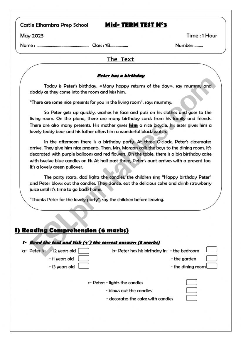 mid term test 7th form worksheet