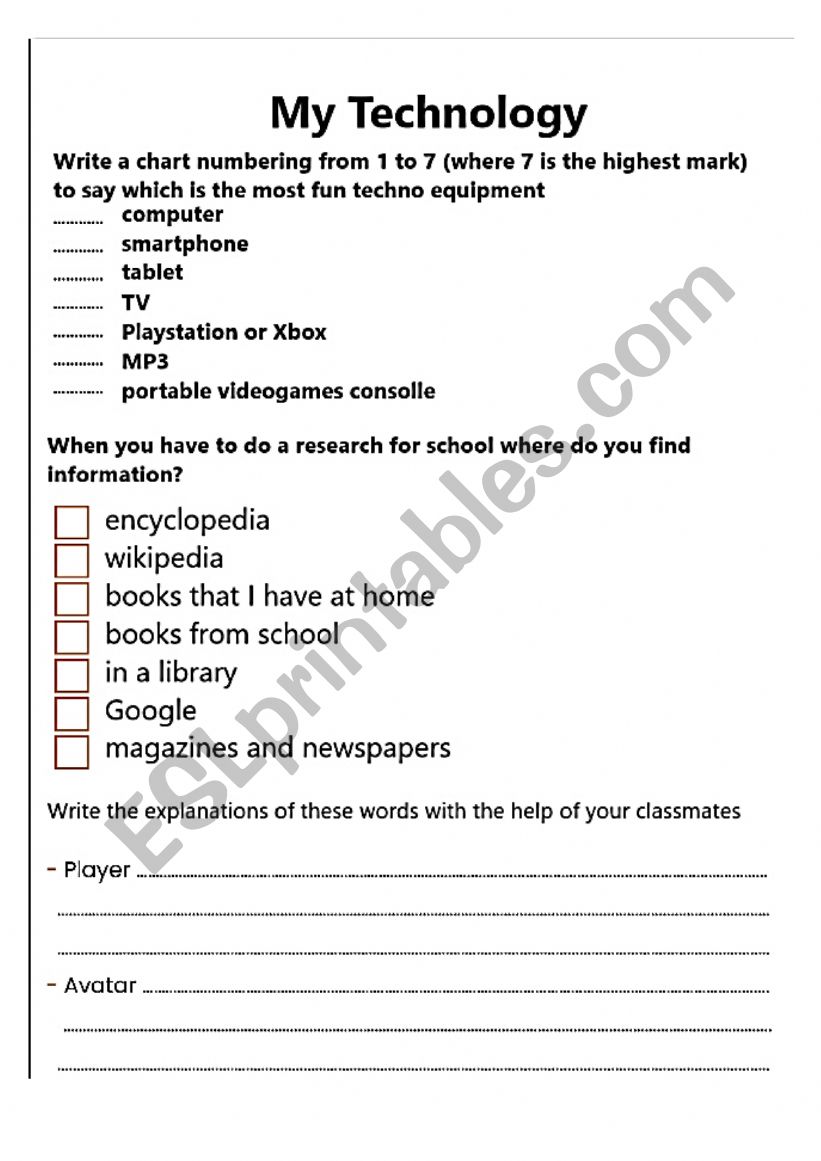 My Technology Survey worksheet