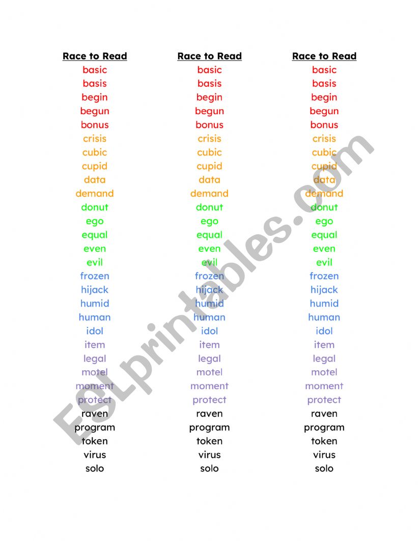 Race to Read Open/Closed 2 syllable words