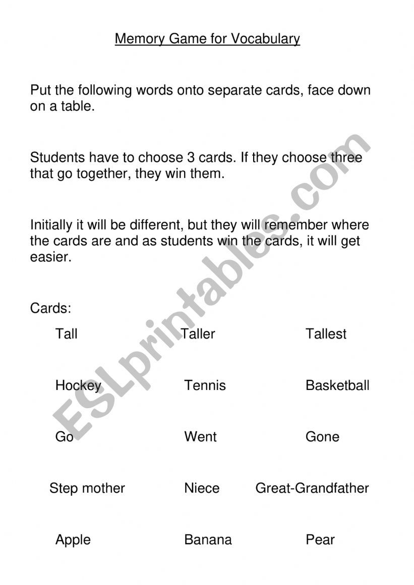 Vocabulary Memory Game worksheet