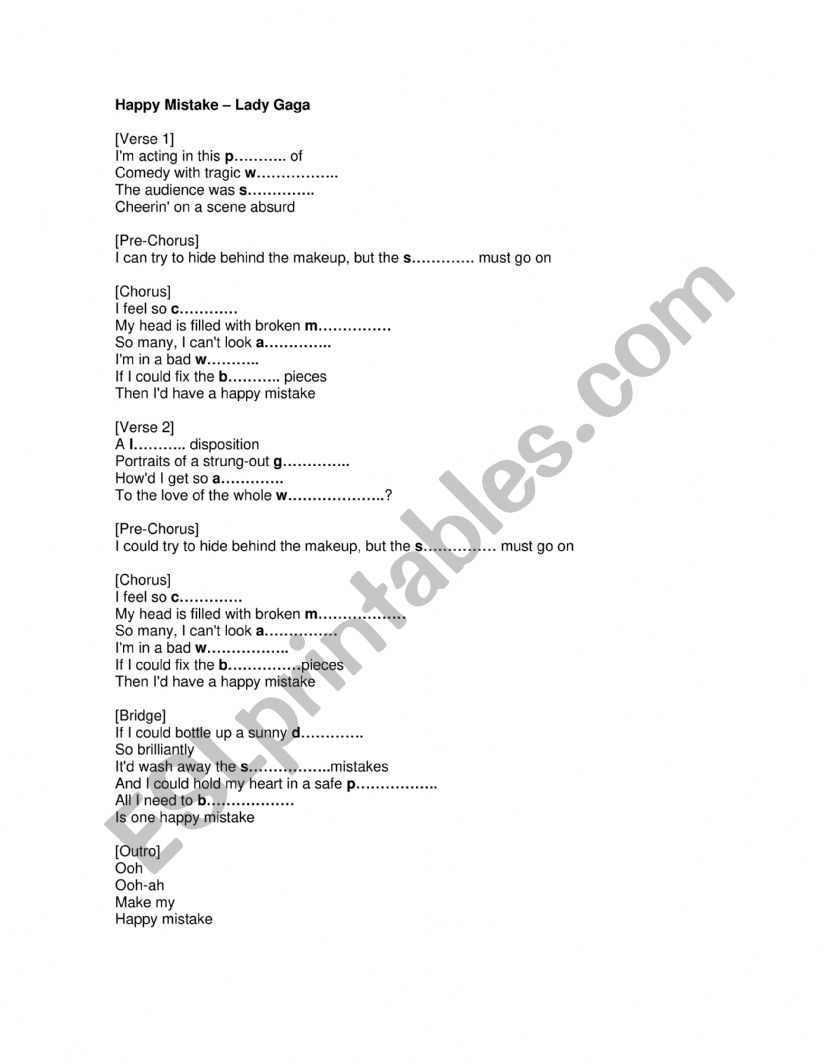 Happy Mistake - Lady Gaga worksheet