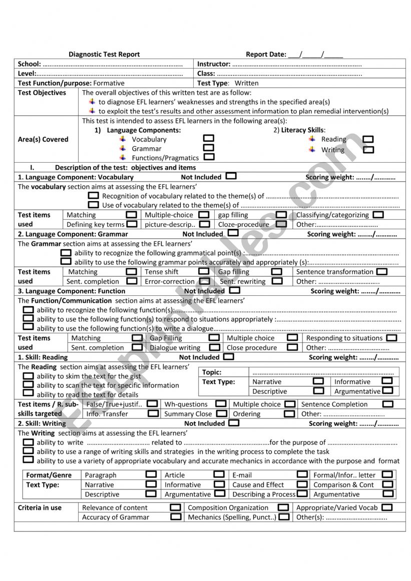 Diagnostic Test report  worksheet