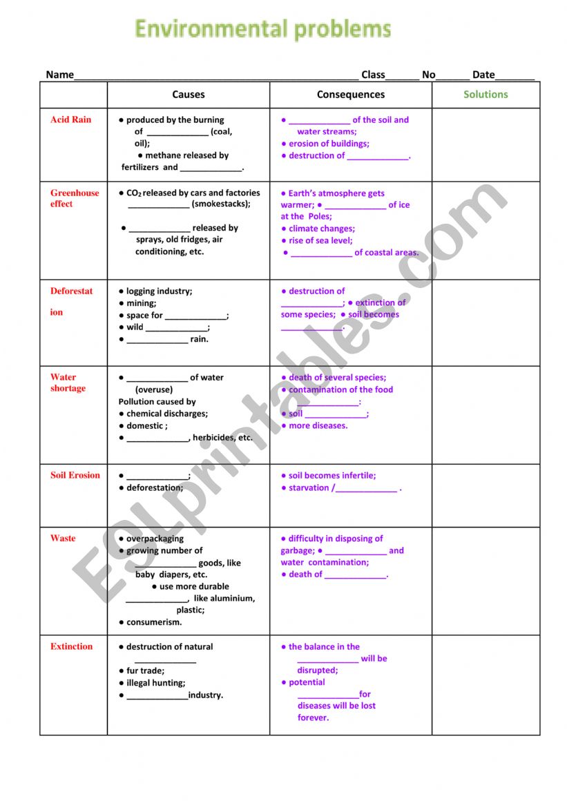 Environmental Problems worksheet