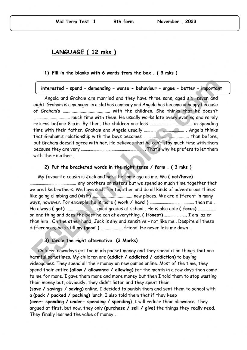 test 1 family life  9th form  worksheet