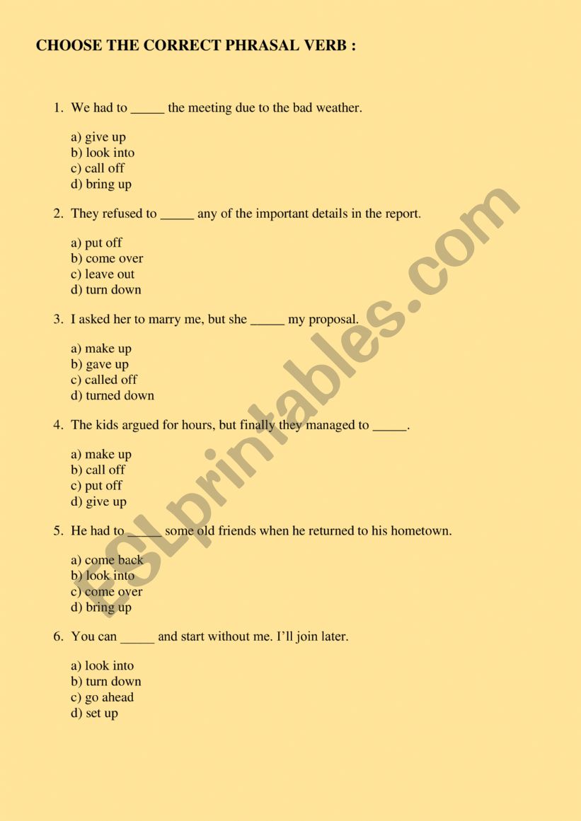 13 EASY PHRASAL VERBS worksheet