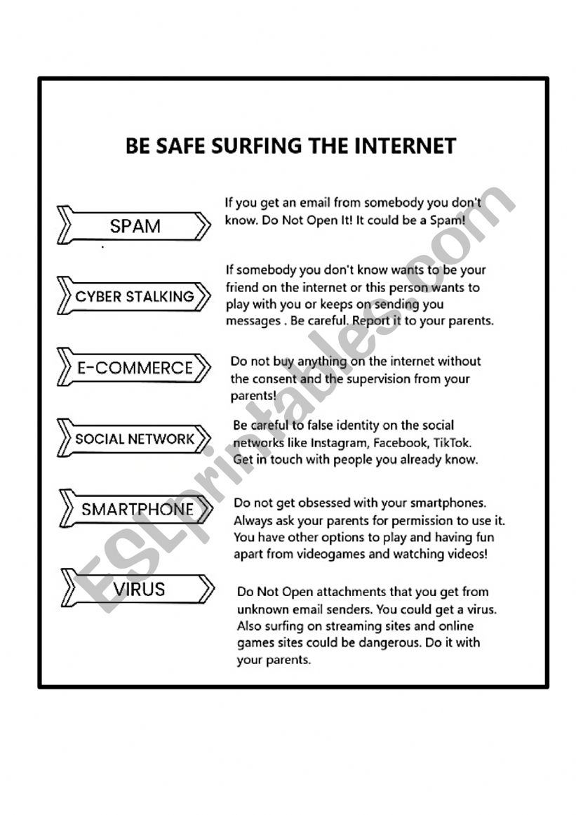 Be safe on the Internet worksheet