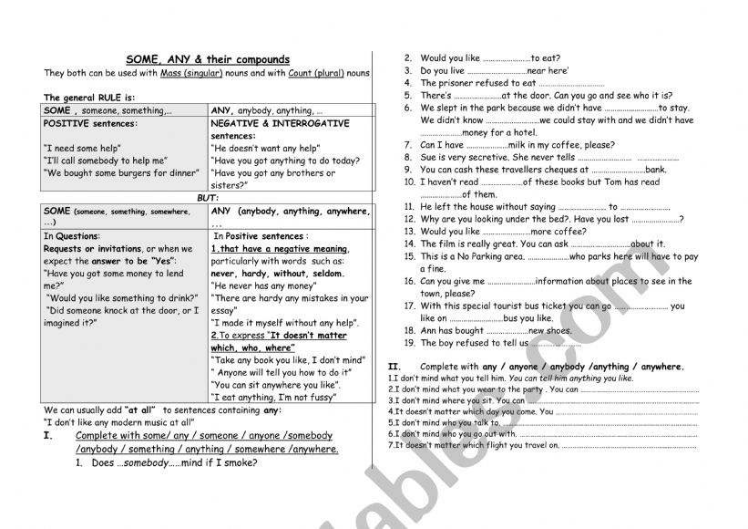 Some, any & Compounds; theory & exercises