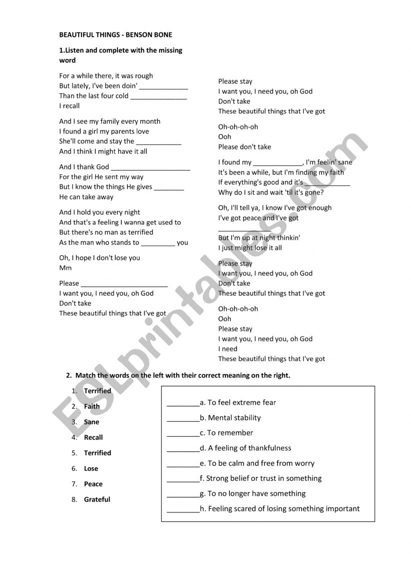 Beautiful things worksheet