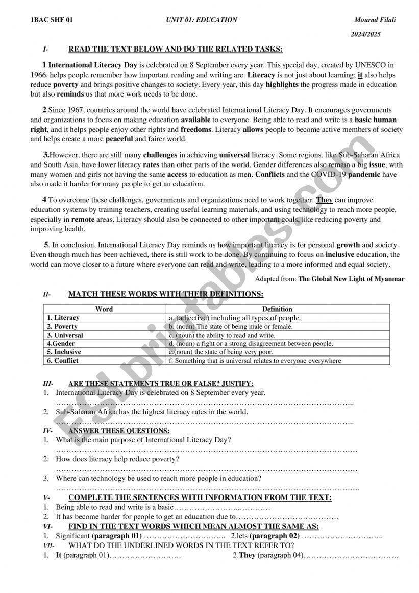 International Literacy Day worksheet