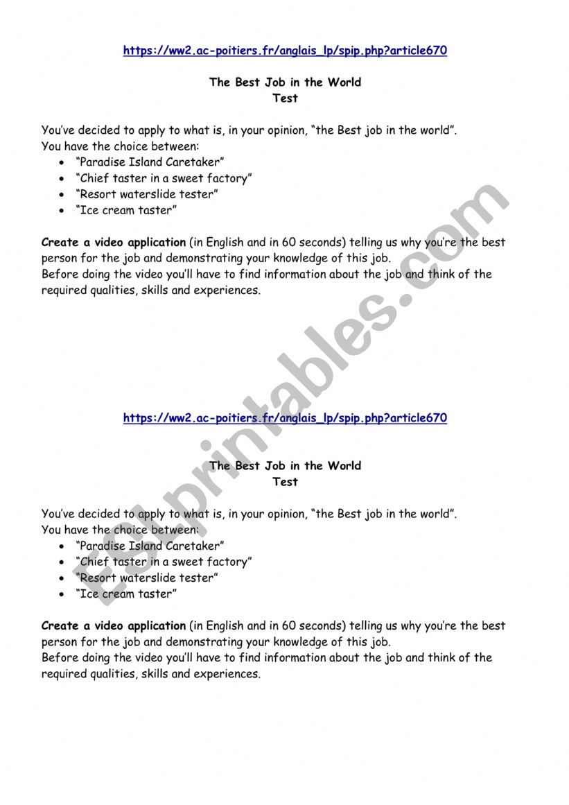 The best job in the world worksheet