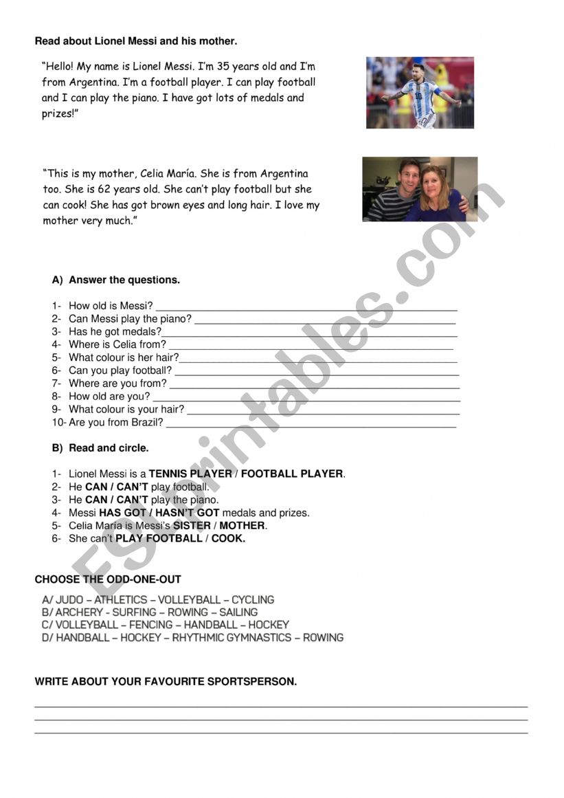 Messi ad his mother worksheet