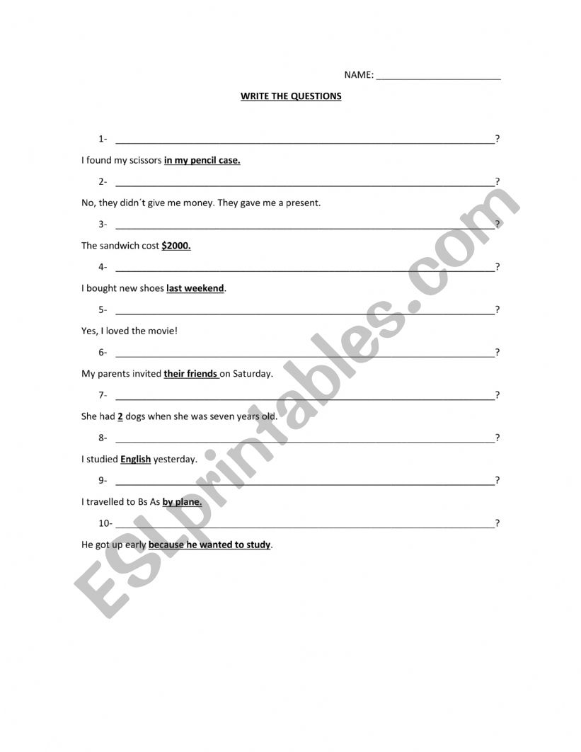 Ask questions Simple Past worksheet