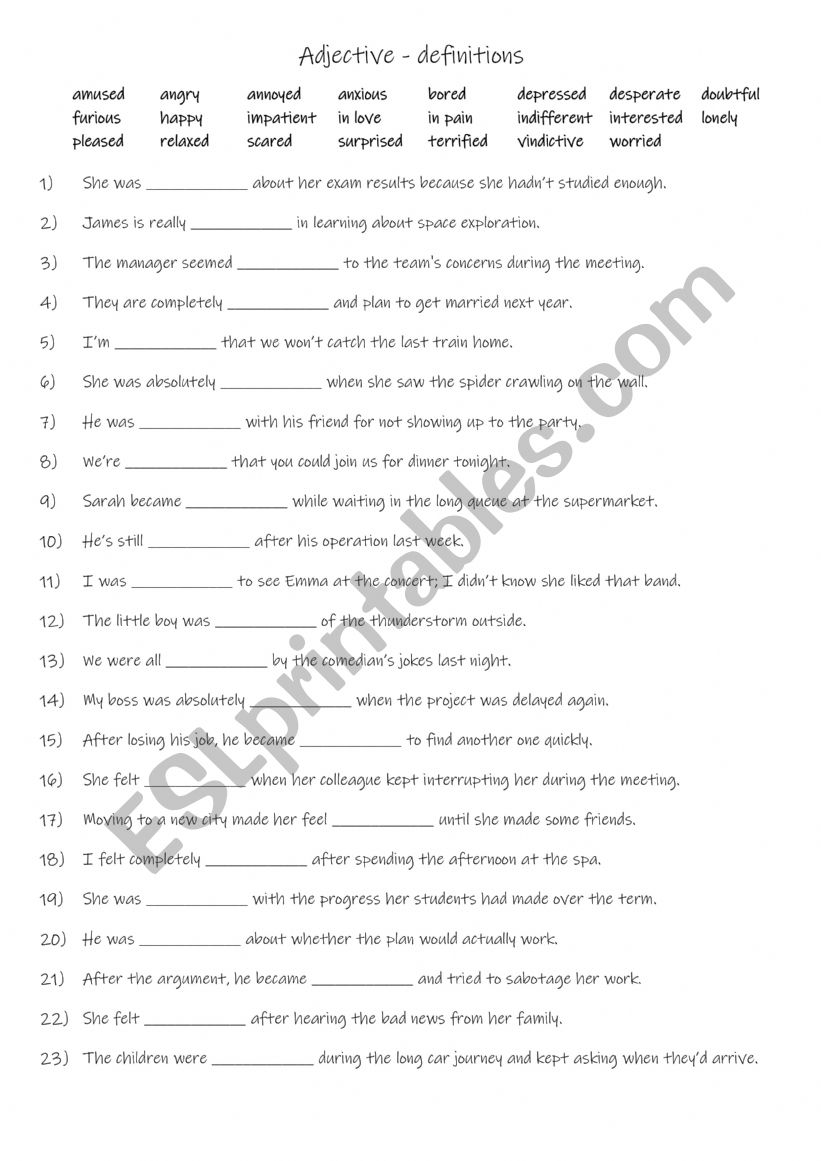 B1 23 adjectives to describe feelings  -  gap-fill exercise