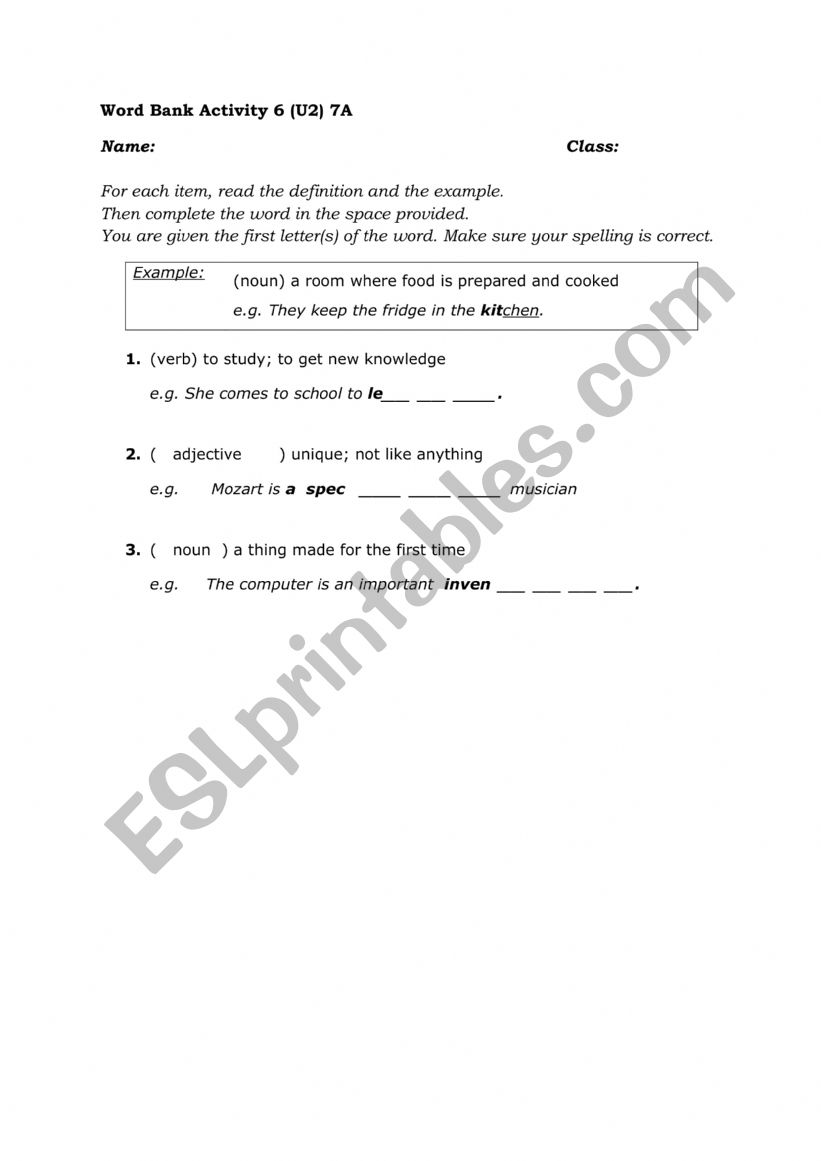 Vocabulary worksheet