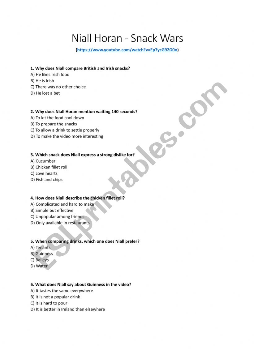 Niall Horan Snack Wars worksheet