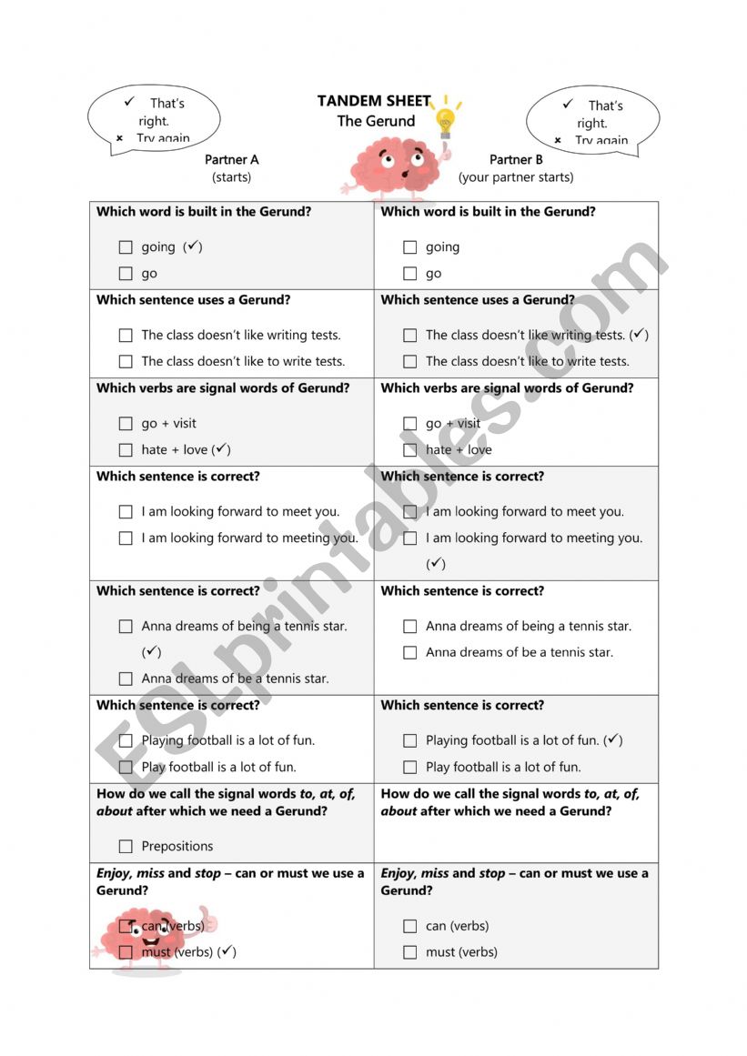 The Gerund Tandem Sheet worksheet