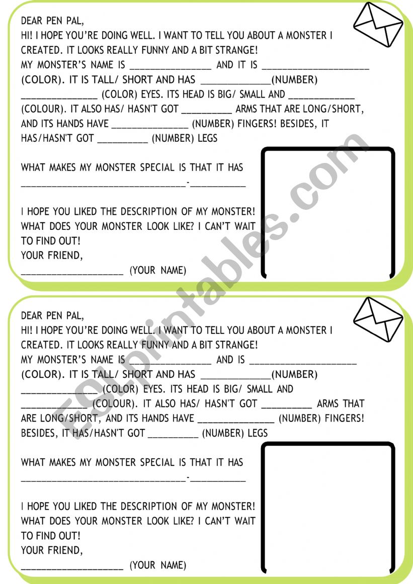 PEN PAL LETTER MONSTERS worksheet