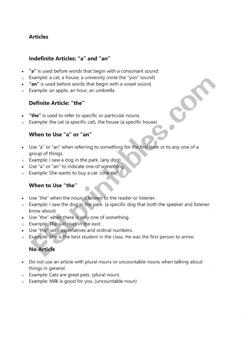 Articles: A/An/The worksheet