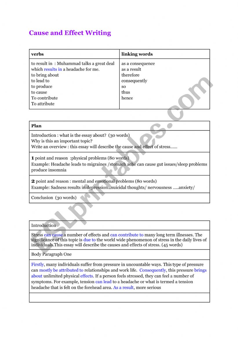 stress: cause and effect worksheet