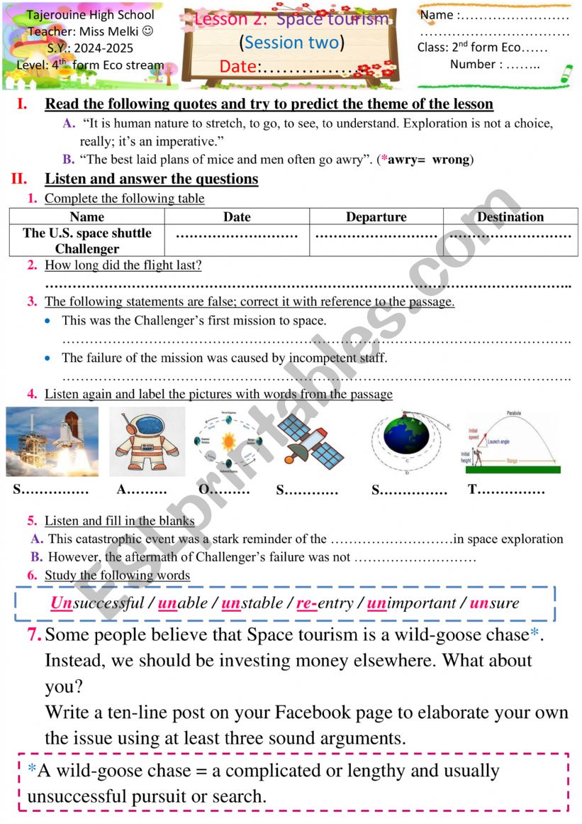 space tourism (4 th form) worksheet