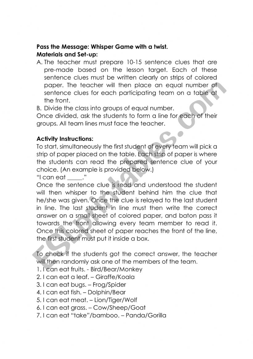 Pass the Message with a Twist worksheet