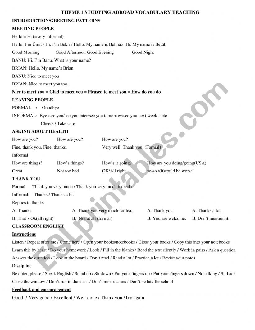 Unit One: Studying Abroad worksheet