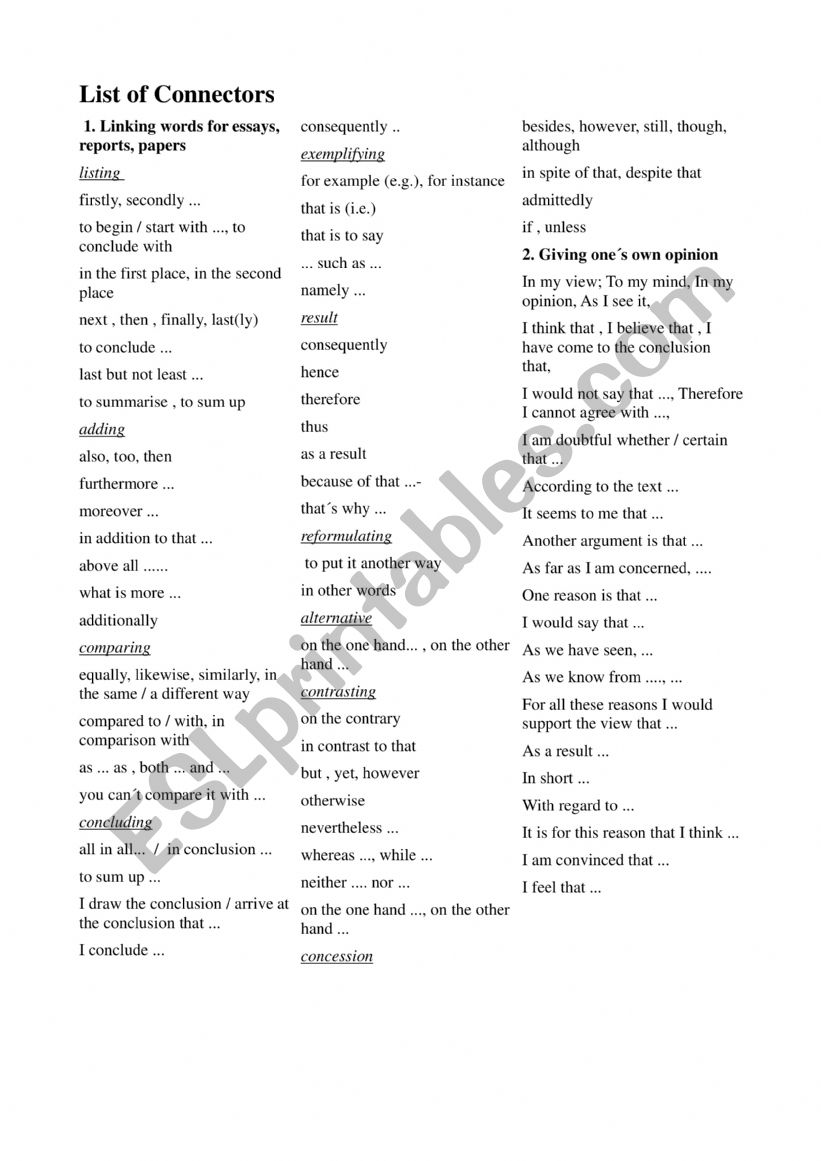 LIST OF CONNECTORS worksheet