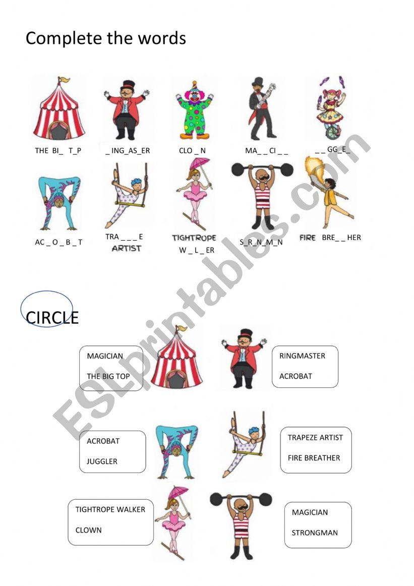 Circus vocabulary worksheet