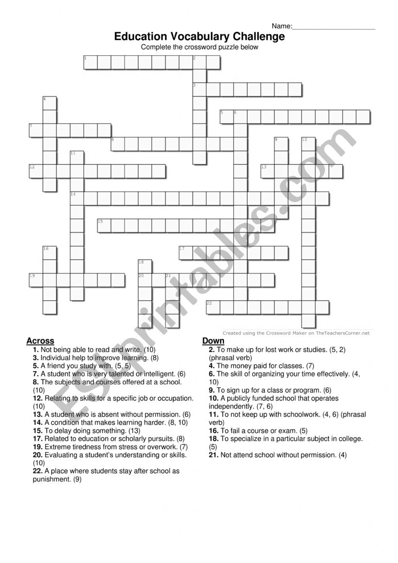 Education Crossword Puzzle worksheet