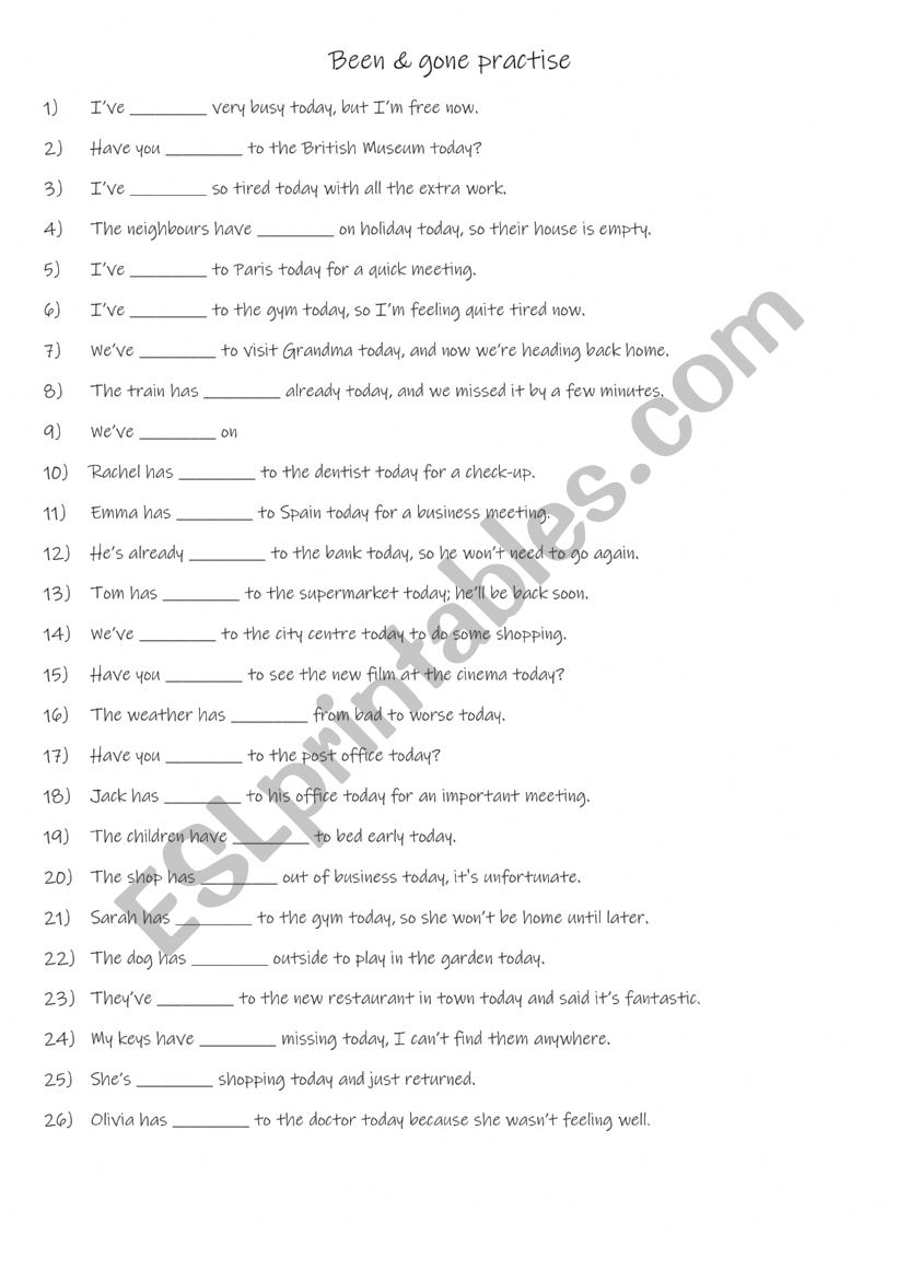 A2+-B1 Been & gone practise worksheet