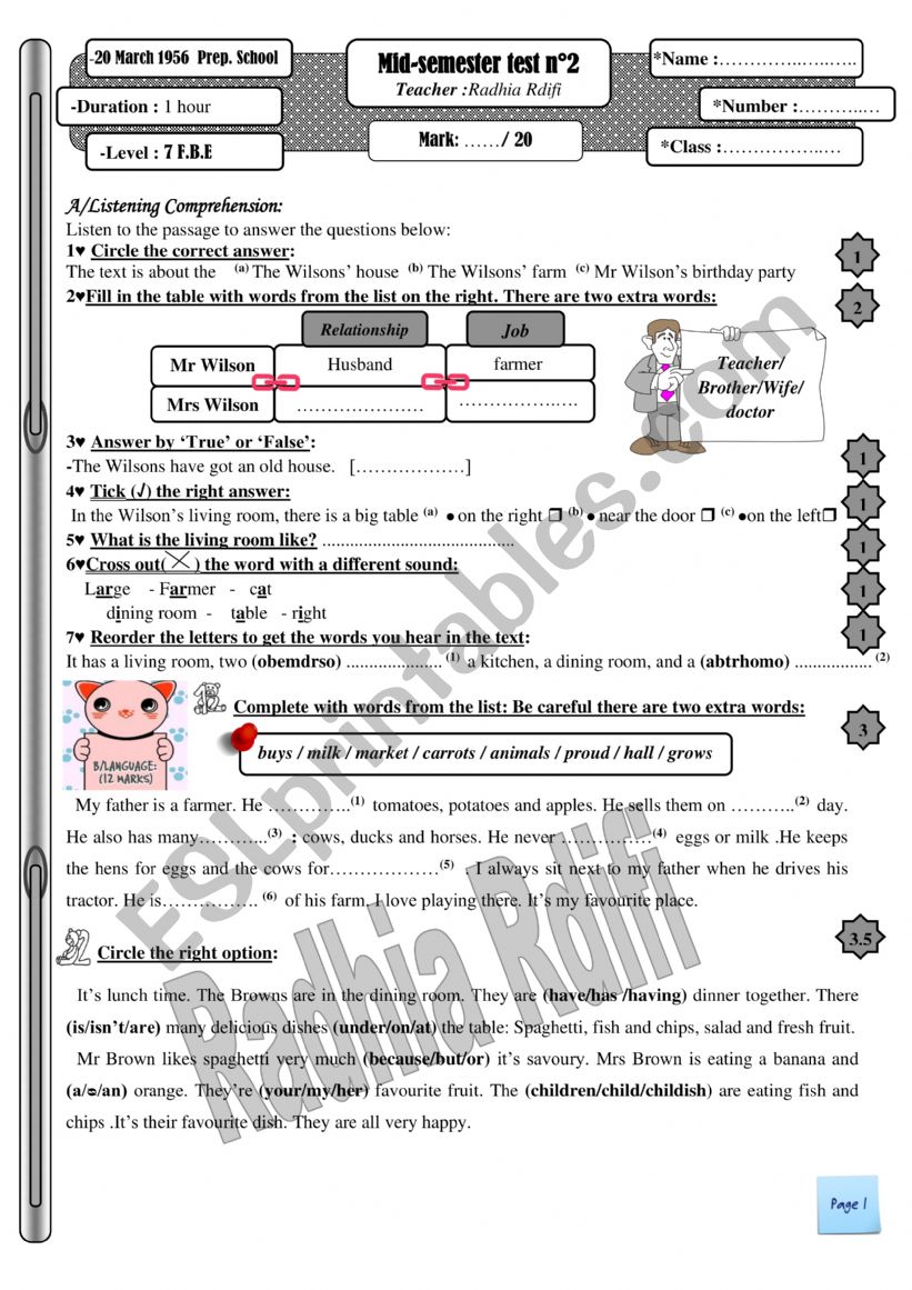 Mid-term test 2 for 7th form (Tunisia)