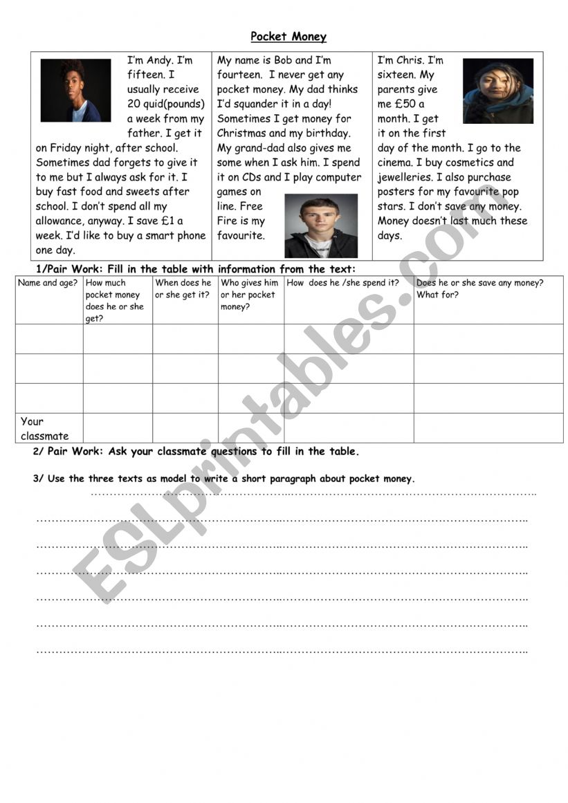 Pocket Money worksheet