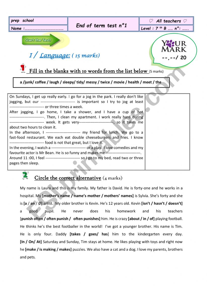 End of term test 1 7th forms worksheet