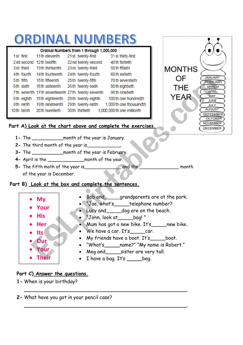 ordinal numders worksheet