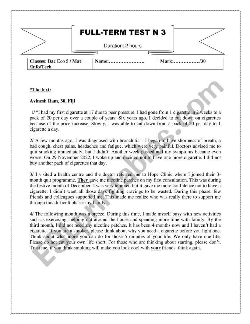 bac exam worksheet