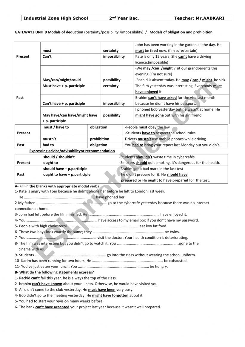 Modal Verbs worksheet