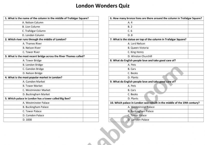 LONDO N WONDERS QUIZ worksheet