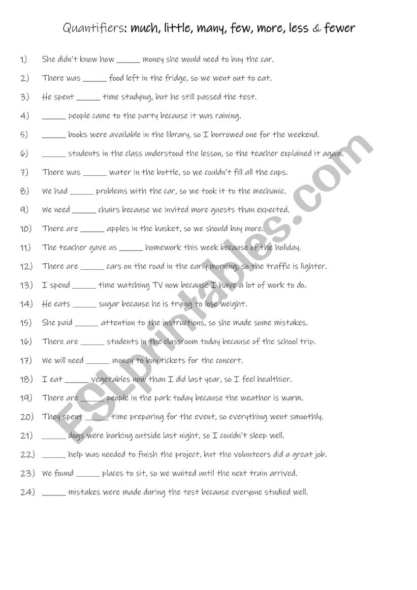 A2-B1 Quantifiers - much, little, many, few, more, less & fewer