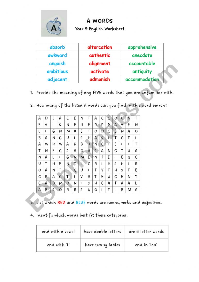 Vocabulary - A words worksheet