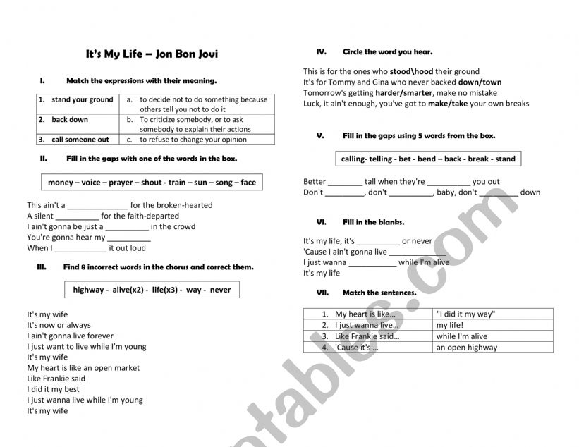 Bon Jovi - It�s my life worksheet