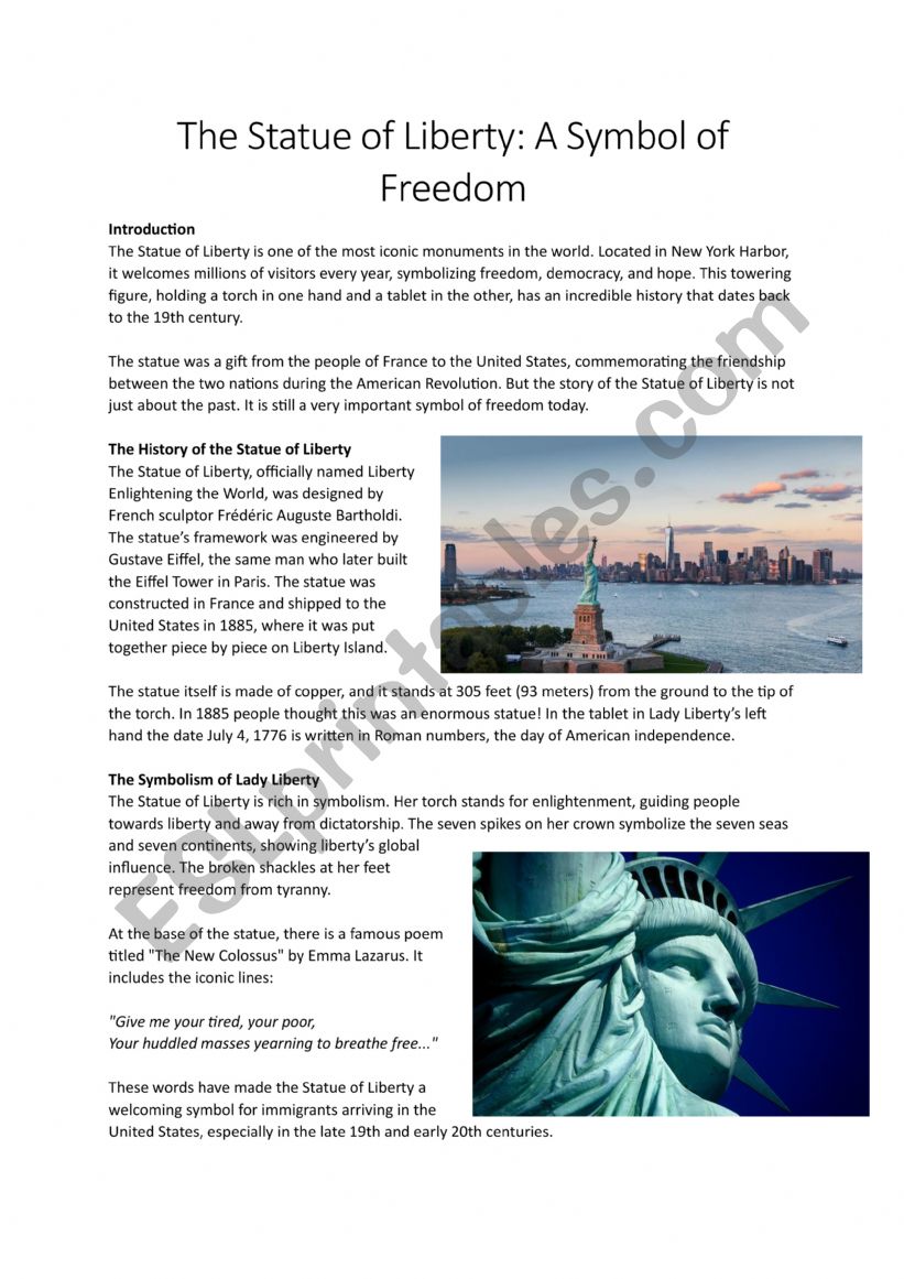 The Statue of Liberty worksheet